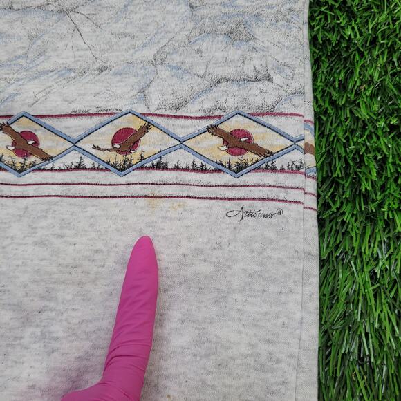 Vintage 90s Artisans Eagle AOP Sweatshirt L/XL 23x26 Janelle-Thompson - Picture 10 of 16